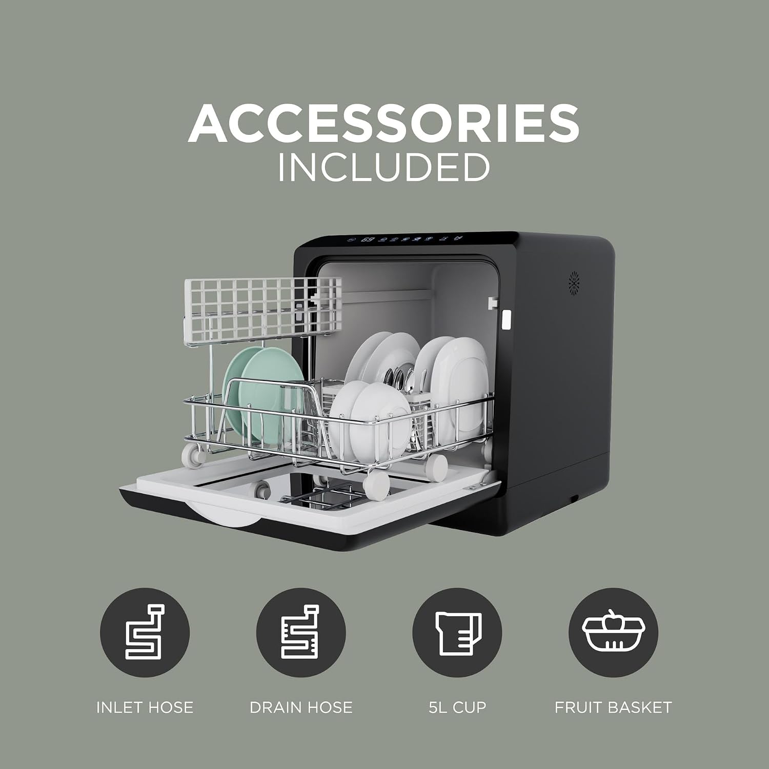 Mini Countertop Dishwasher 5L Touch Control LED Display 6 Programs Black