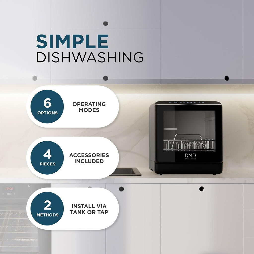 Mini Countertop Dishwasher 5L Touch Control LED Display 6 Programs Black