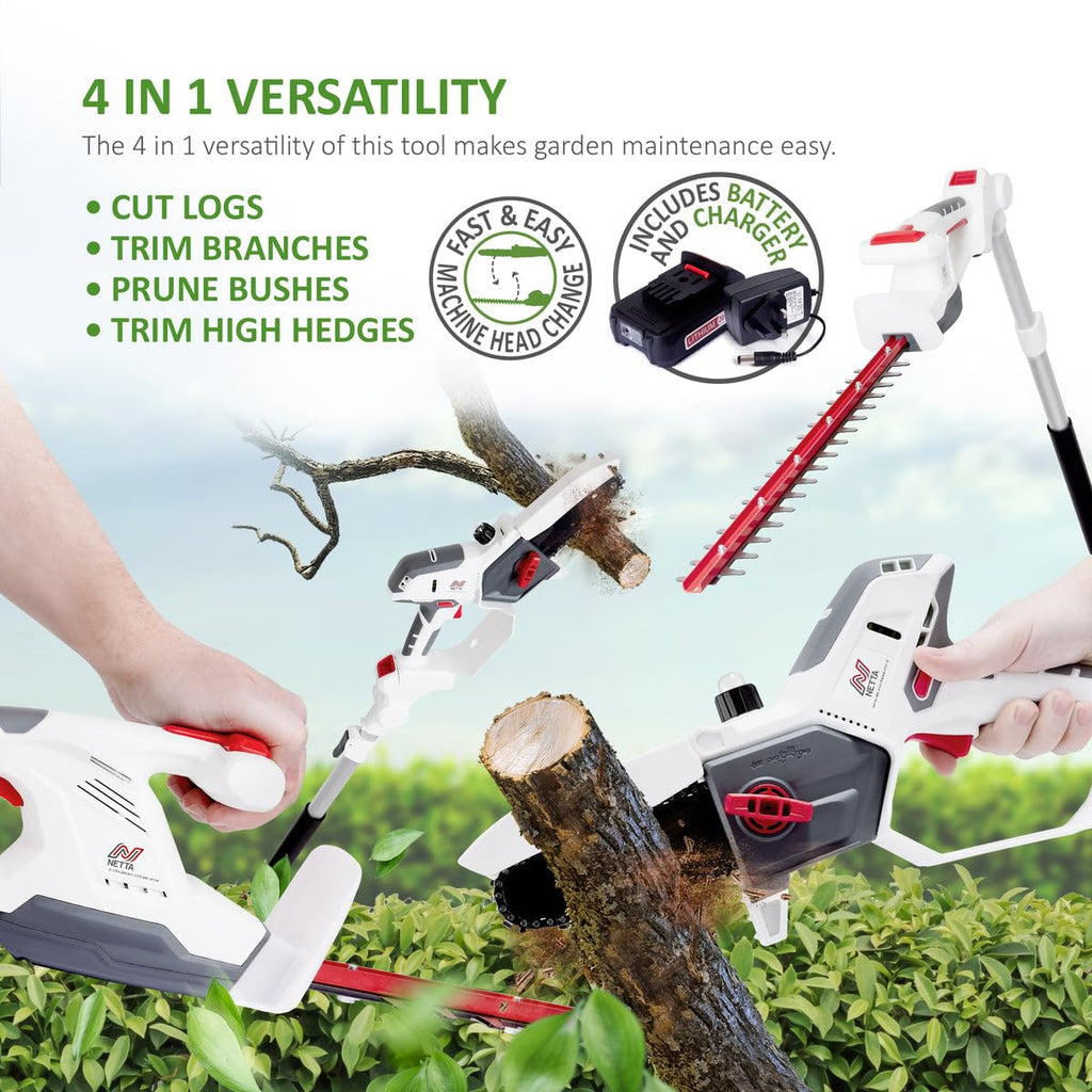 Cordless Hedge Trimmer & Chainsaw 4-In-1 20V Battery Powered Pole Saw White