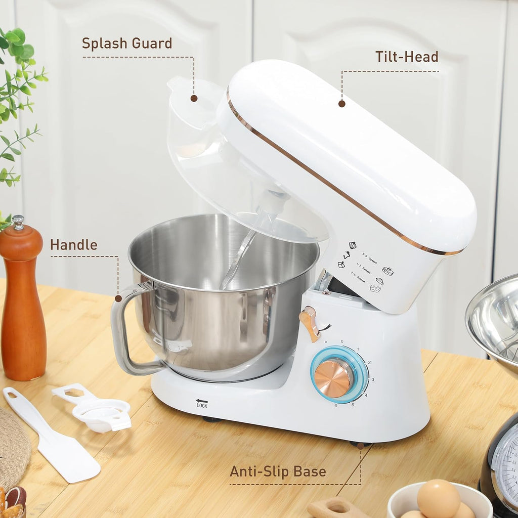Stand Mixer 1400W 5L 6 Speeds Pulse Setting Stainless Steel Bowl White