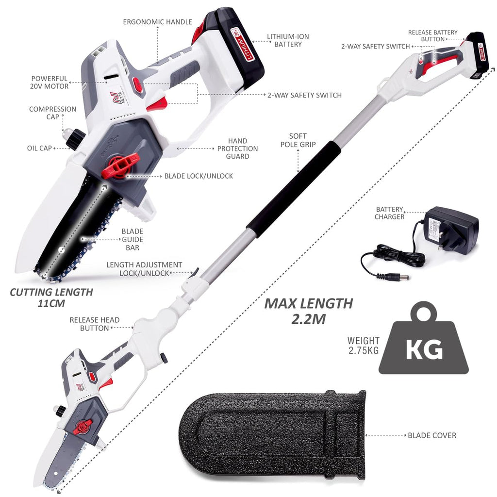 Cordless Hedge Trimmer & Chainsaw 4-In-1 20V Battery Powered Pole Saw White