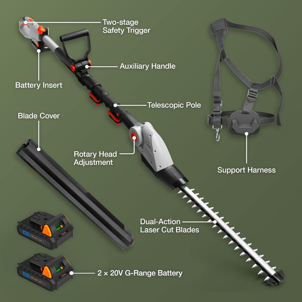 Cordless Pole Hedge Trimmer 193-244Cm 20V 2 Batteries Harness Grey