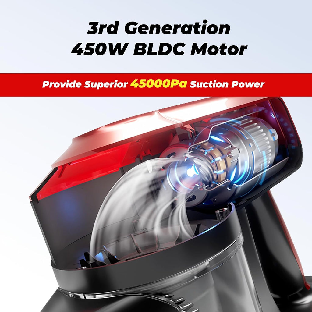 Cordless Stick Vacuum Cleaner 450W 45kPa Suction 60min Runtime Red