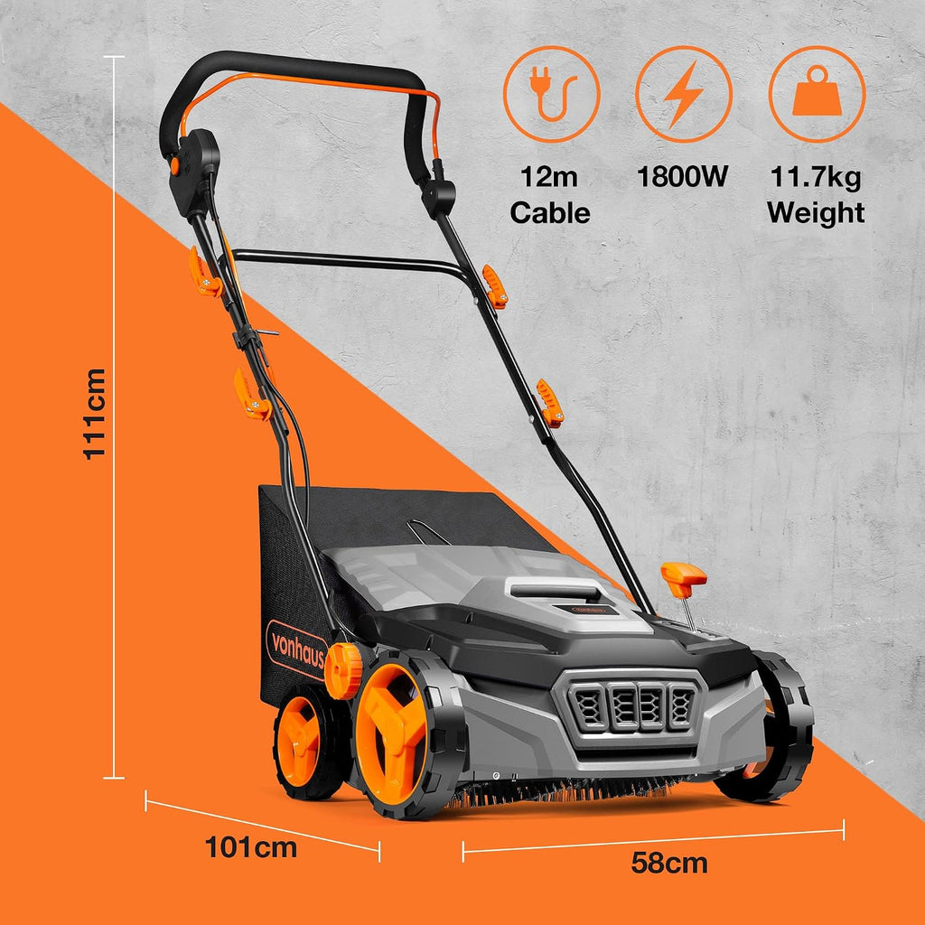 Corded Electric Artificial Grass Sweeper 1800W 45L Bag 380mm 5 Heights Grey Black Orange