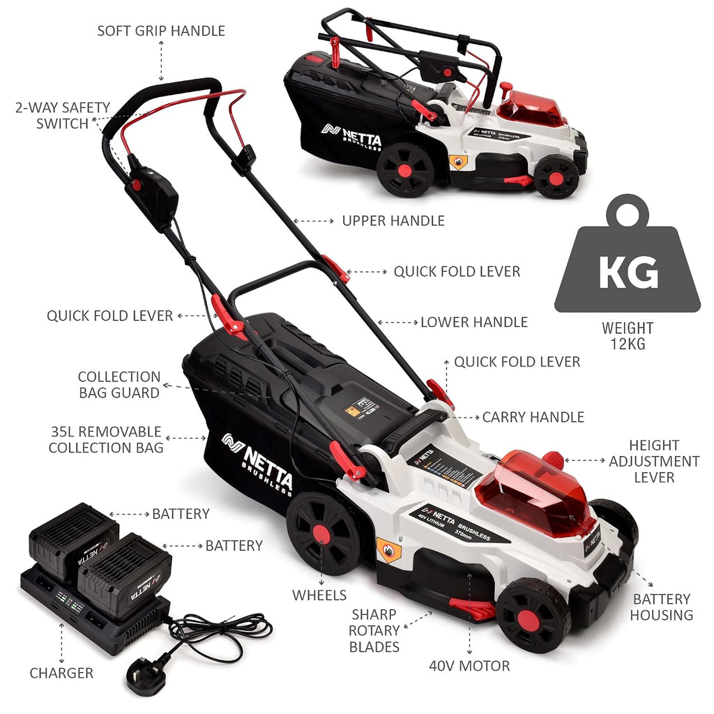 Cordless Lawn Mower 37cm 40V 2x4.0Ah Batteries 6 Heights 35L