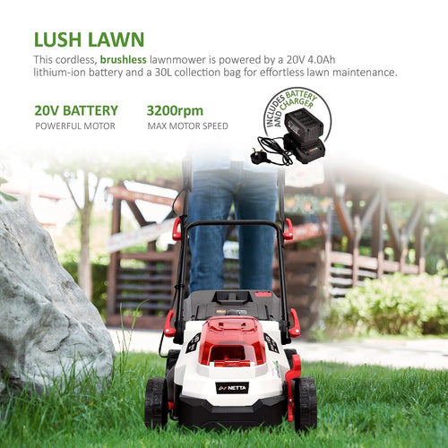 Kitgardenix™ -  Cordless Lawn Mower 33cm 20V 4.0Ah Brushless Motor White