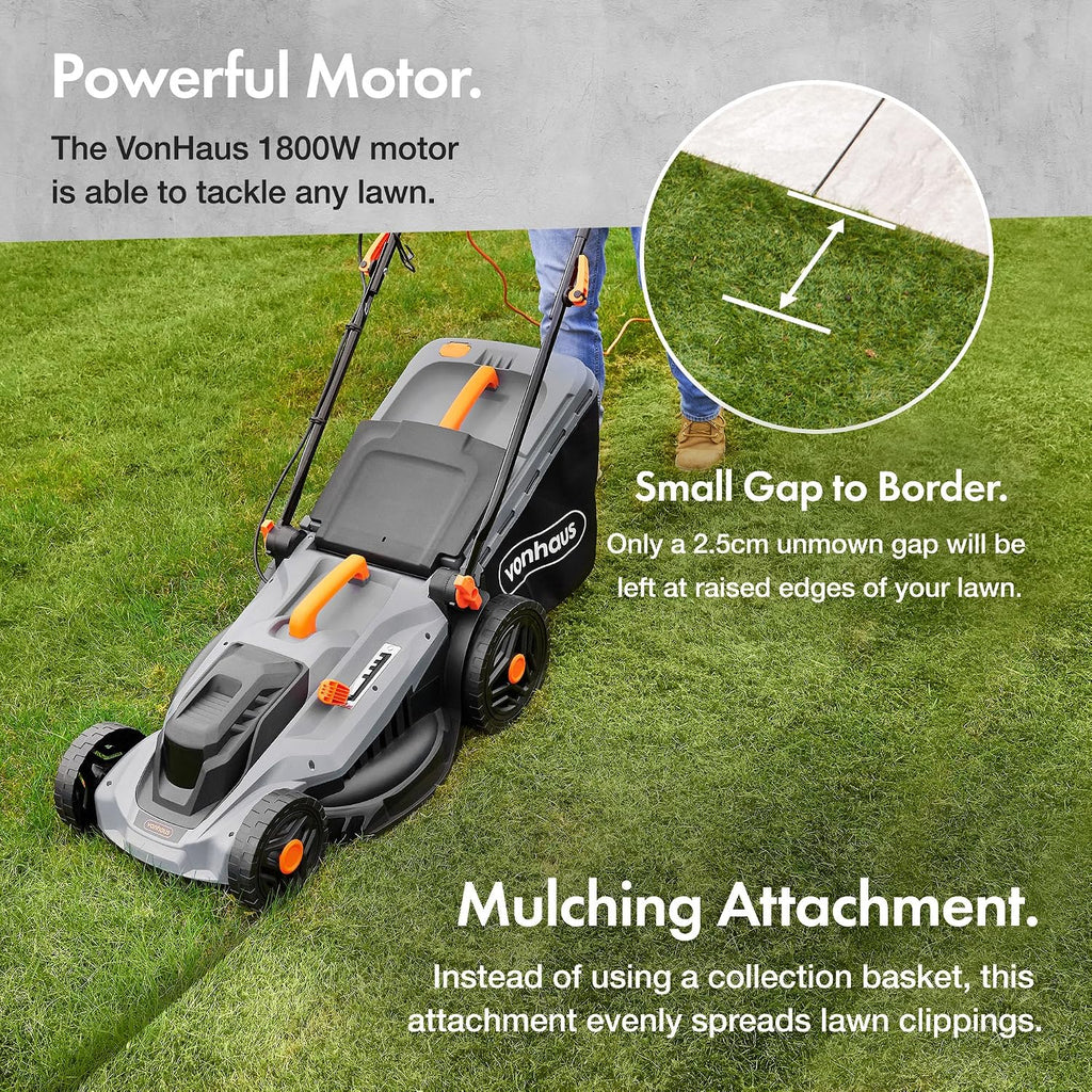 Corded Electric Hover Lawn Mower 1800W 43cm 52L 5 Heights Orange Grey