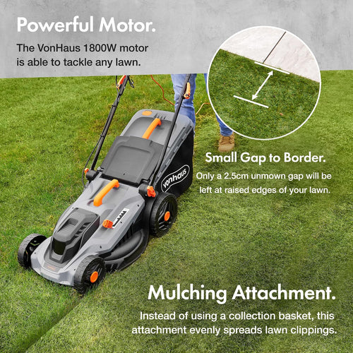 Corded Electric Hover Lawn Mower 1800W 43cm 52L 5 Heights Orange Grey