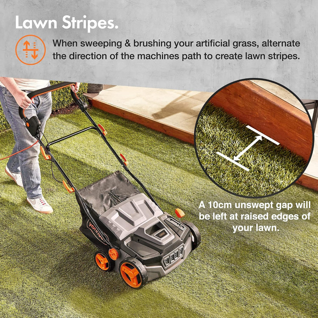 Corded Electric Artificial Grass Sweeper 1800W 45L Bag 380mm 5 Heights Grey Black Orange